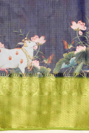 Navy Blue Animal Printed Silk Saree