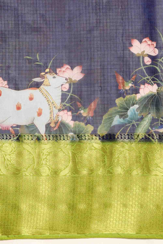 Navy Blue Animal Printed Silk Saree