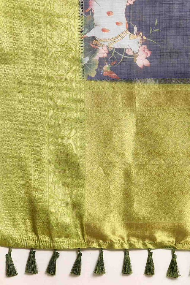 Navy Blue Animal Printed Silk Saree