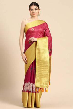 Red Animal Printed Silk Saree