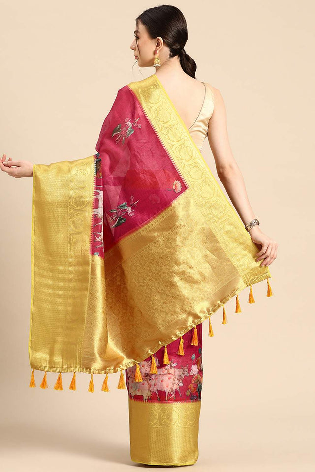 Red Animal Printed Silk Saree