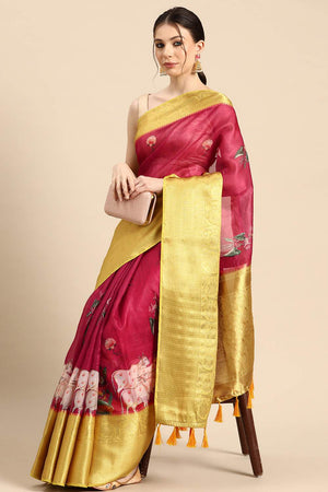Red Animal Printed Silk Saree