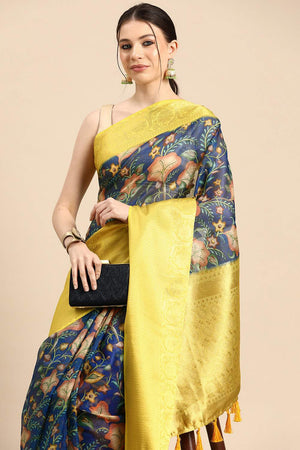 Blue Floral Printed Silk Saree