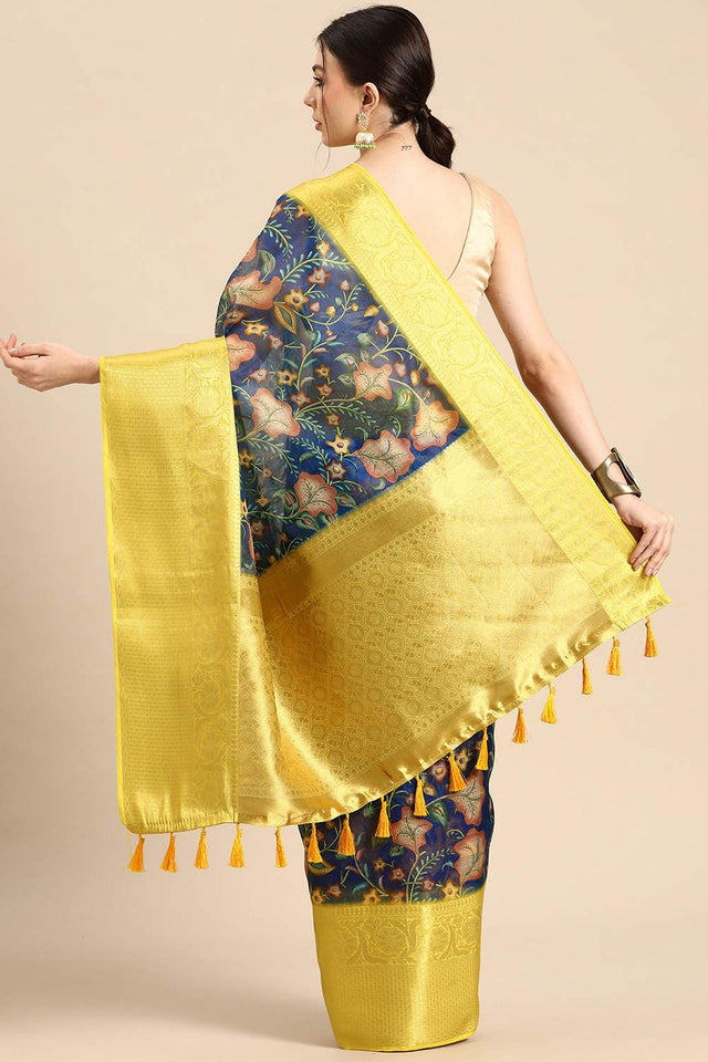 Blue Floral Printed Silk Saree