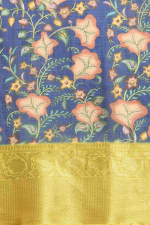 Blue Floral Printed Silk Saree