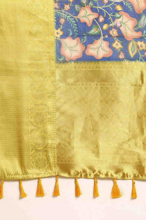 Blue Floral Printed Silk Saree