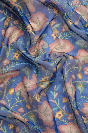Blue Floral Printed Silk Saree