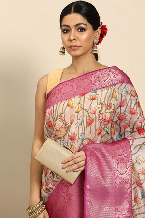 Beige Animal Printed Silk Saree