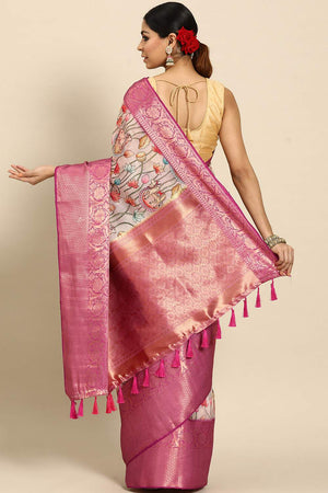 Beige Animal Printed Silk Saree