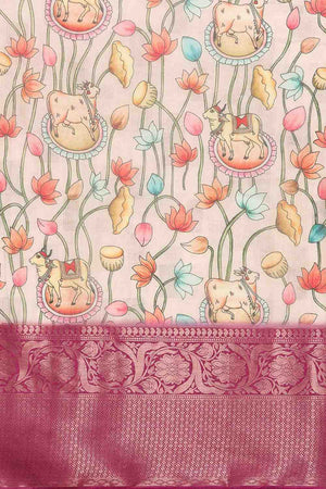 Beige Animal Printed Silk Saree