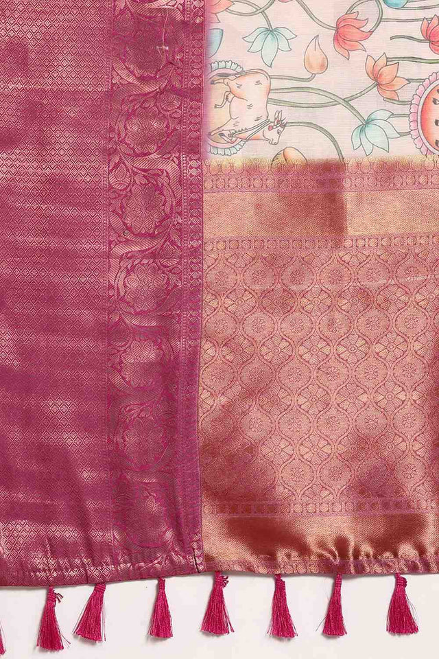 Beige Animal Printed Silk Saree