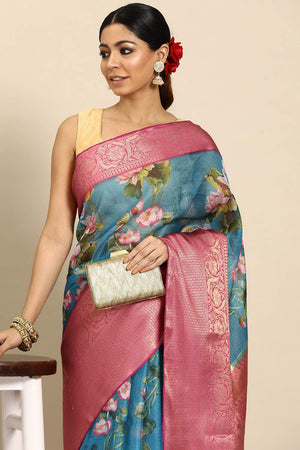 Turquoise Floral Printed Silk Saree