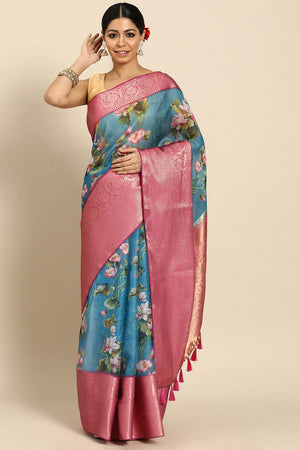 Turquoise Floral Printed Silk Saree