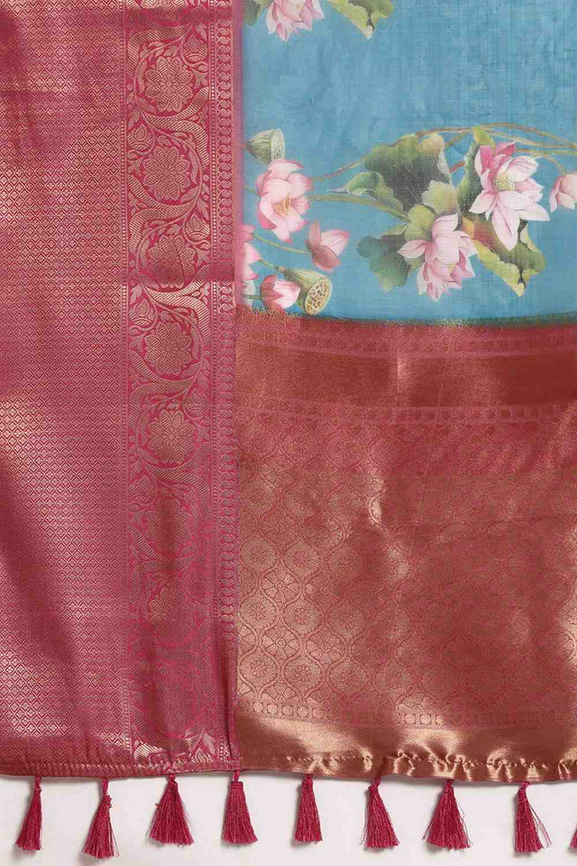 Turquoise Floral Printed Silk Saree