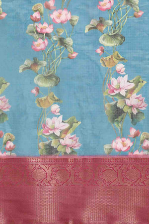 Turquoise Floral Printed Silk Saree