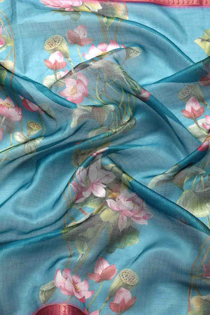 Turquoise Floral Printed Silk Saree