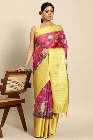 Pink Animal Printed Silk Saree