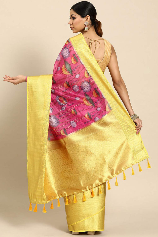 Pink Animal Printed Silk Saree