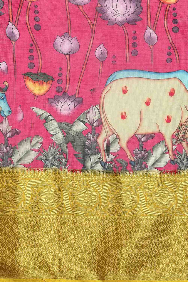 Pink Animal Printed Silk Saree