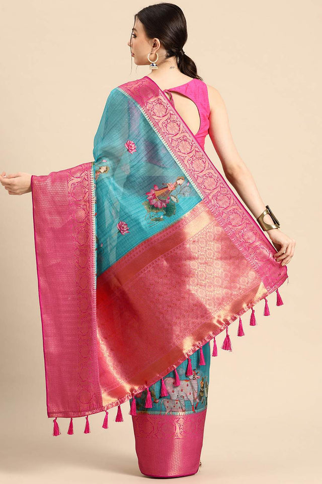 Turquoise Animal Printed Silk Saree
