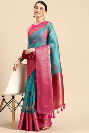 Turquoise Animal Printed Silk Saree