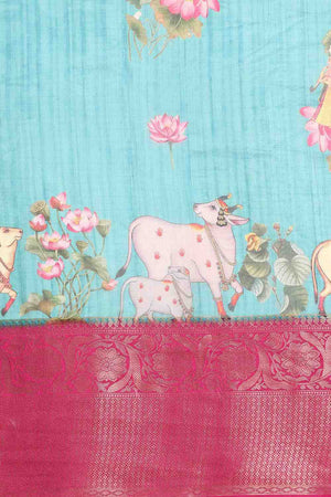 Turquoise Animal Printed Silk Saree