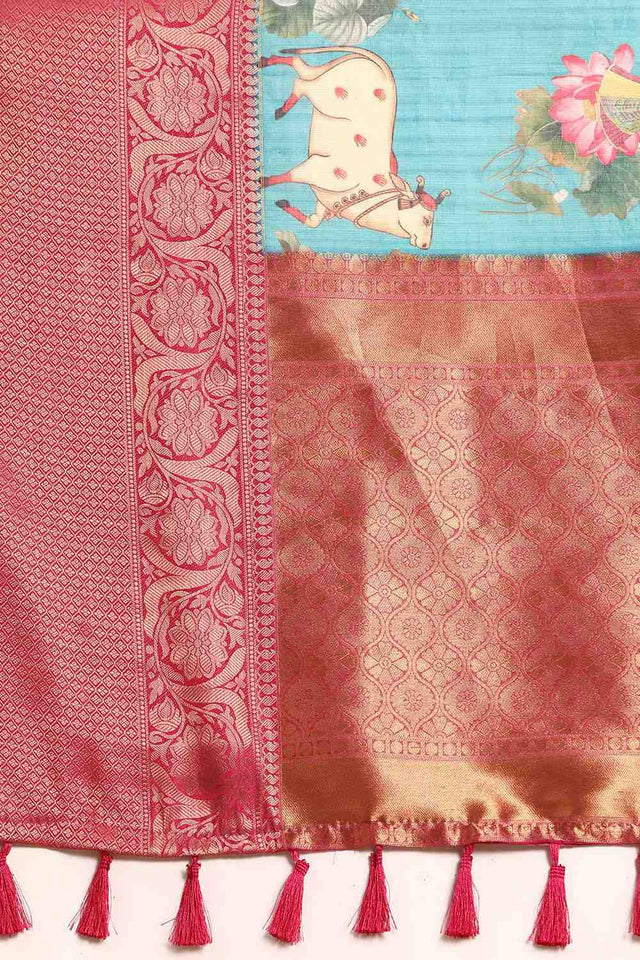 Turquoise Animal Printed Silk Saree