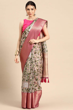 Beige Animal Printed Silk Saree