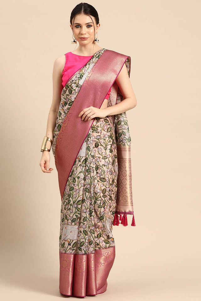 Beige Animal Printed Silk Saree