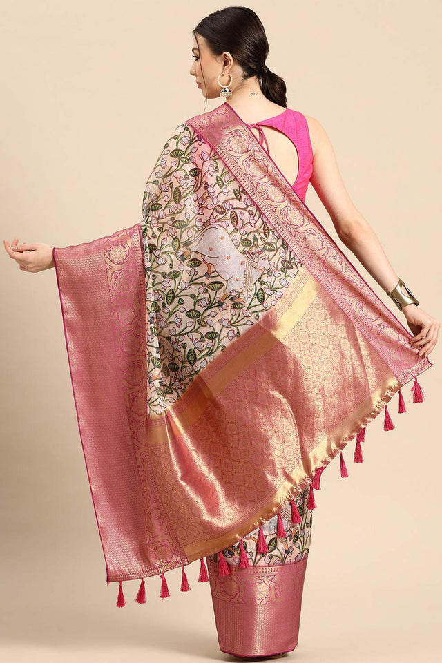 Beige Animal Printed Silk Saree