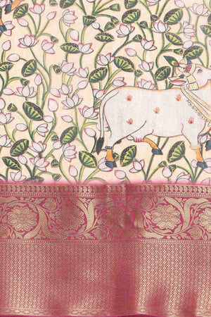 Beige Animal Printed Silk Saree