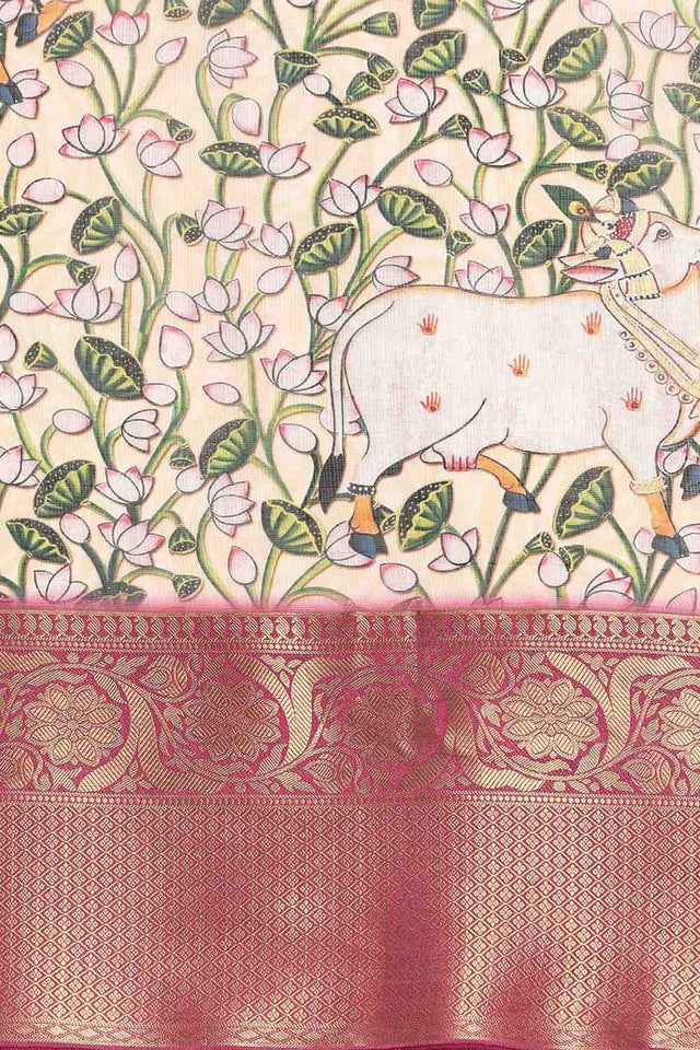 Beige Animal Printed Silk Saree