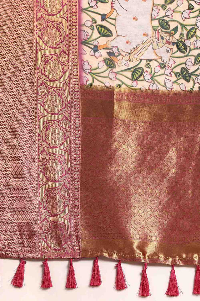 Beige Animal Printed Silk Saree