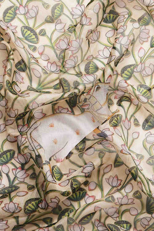 Beige Animal Printed Silk Saree