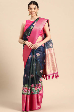 Navy Blue Floral Printed Silk Saree