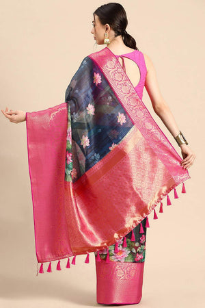 Navy Blue Floral Printed Silk Saree