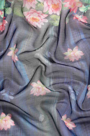 Navy Blue Floral Printed Silk Saree