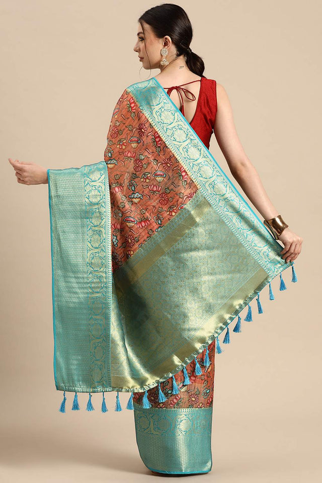 Orange Floral Printed Silk Saree