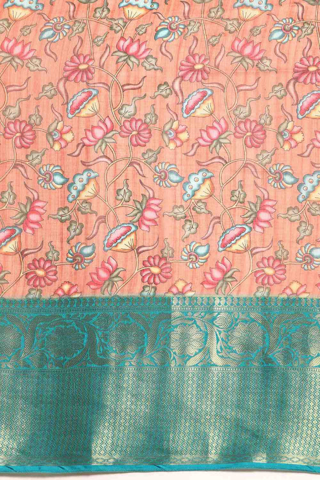 Orange Floral Printed Silk Saree