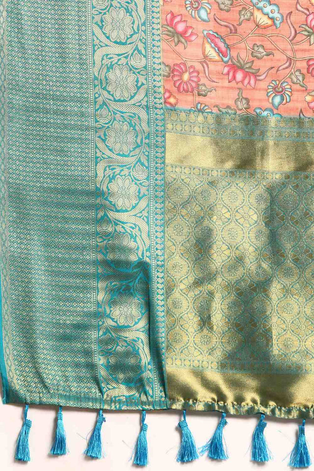 Orange Floral Printed Silk Saree