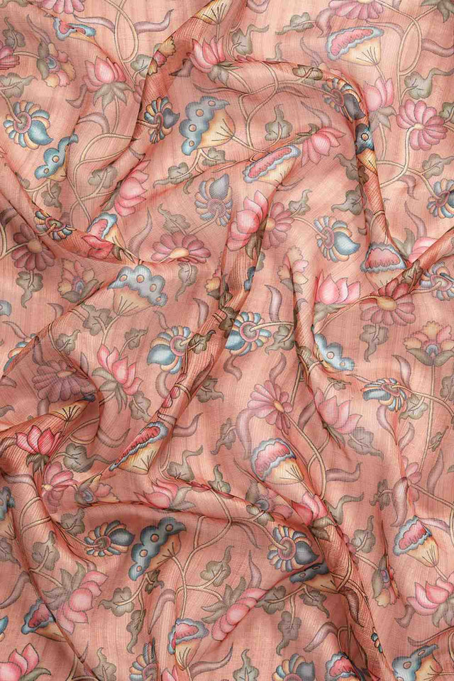 Orange Floral Printed Silk Saree