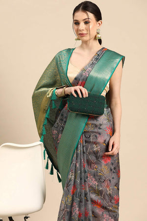 Grey Floral Printed Silk Saree