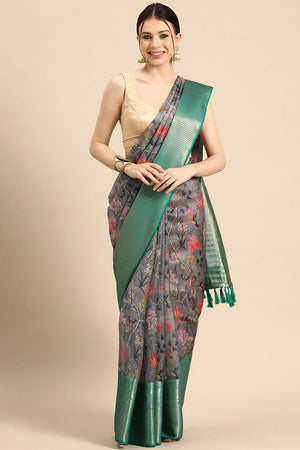 Grey Floral Printed Silk Saree