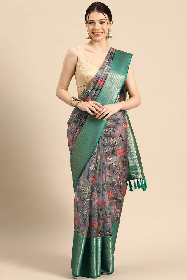 Grey Floral Printed Silk Saree