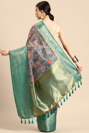Grey Floral Printed Silk Saree