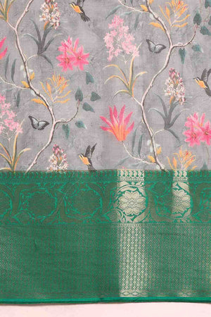 Grey Floral Printed Silk Saree