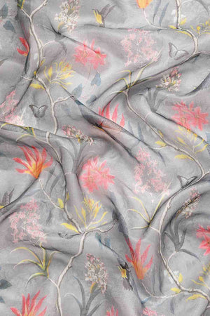 Grey Floral Printed Silk Saree