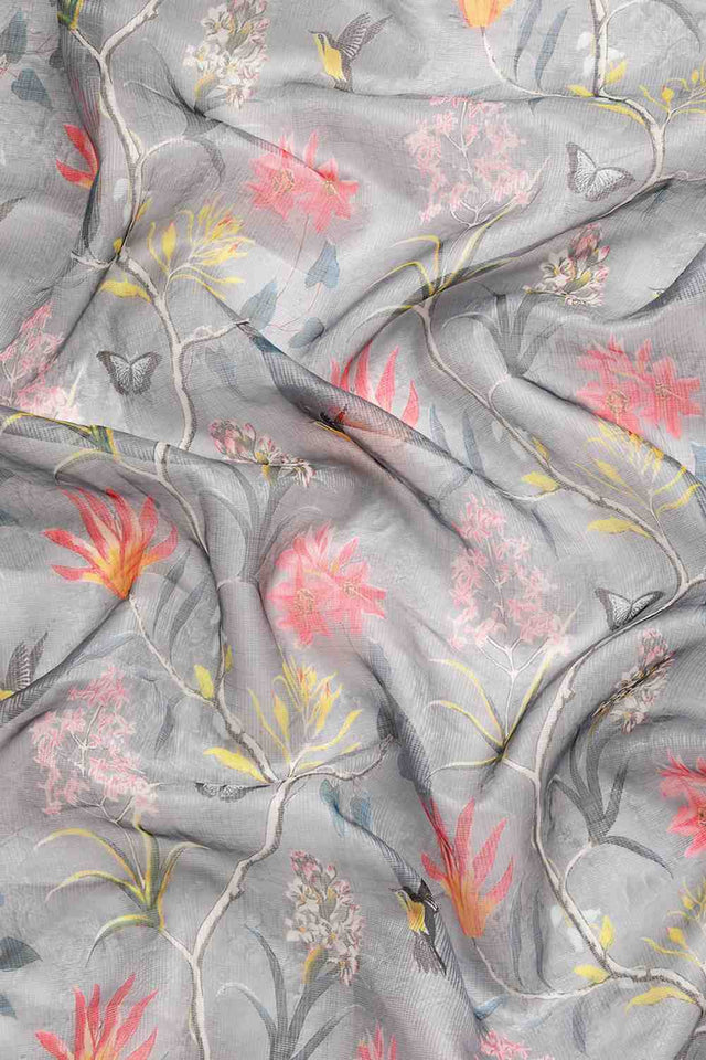 Grey Floral Printed Silk Saree