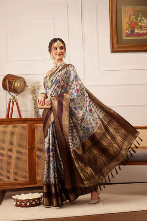 Beige Floral Printed Silk Saree