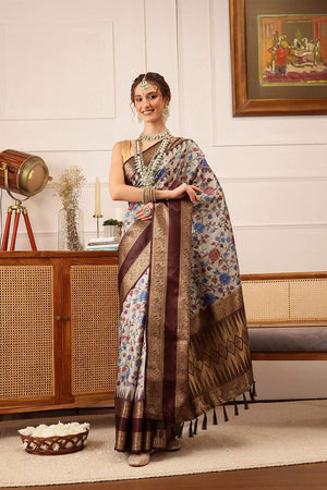 Beige Floral Printed Silk Saree